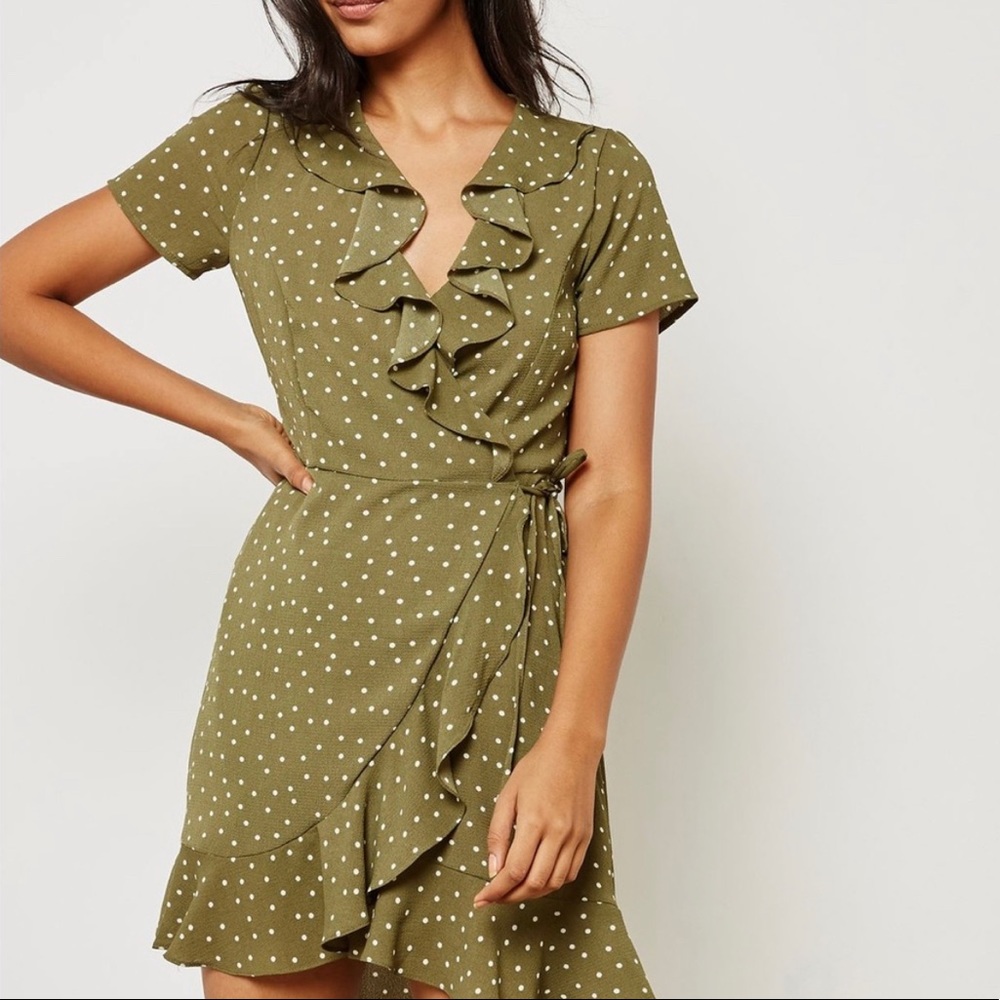 Forever 21 Olive Polka Dot Wrap Mini Dress